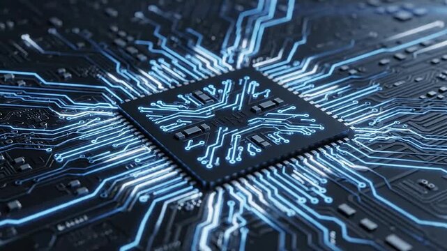 Close-up of a futuristic circuit board with glowing blue lines and a central square chip