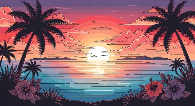 Tropical sunset beach with palm trees and flowers. Summer vacation destination concept. Bright glowing sun setting over the calm ocean water.