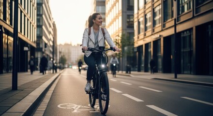 Fototapeta premium Woman riding electric bicycle on city street at sunset.