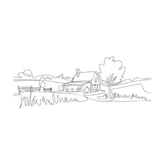 Fototapeta premium One line drawing of rural house surrounded by hills and trees.