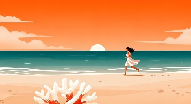 Woman running on tropical beach at sunset. Freedom and active lifestyle concept. Girl in white dress jogging along the shore near coral reef.