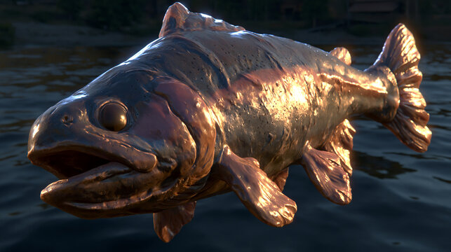 Bronze statue of a coelacanth fish emerging from dark water with deep sea, coelacanth