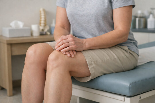 Woman touching her leg while sitting in a clinic, restless legs syndrome and nighttime leg discomfort concept.
