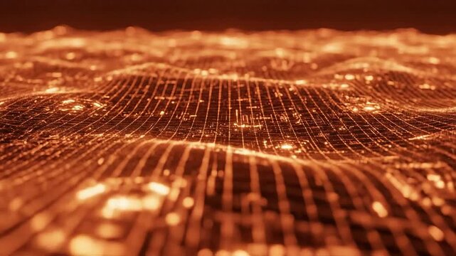 A futuristic grid pattern glows with orange light in a digital landscape.