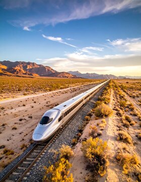 Modern Silver High Speed Bullet Train Traveling Through A Vast Arid Desert Landscape With Mountains Under A Blue During A Golden Hour Sunset