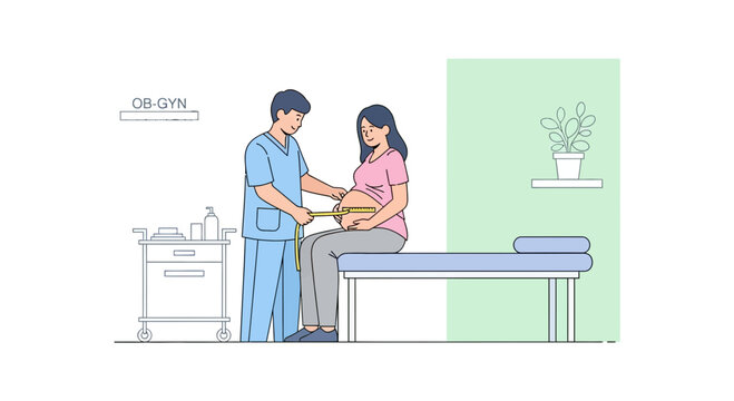 Doctor measuring pregnant woman's belly in OB-GYN clinic, healthcare concept
