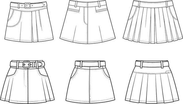 Skirt fashion flat sketch set featuring pleated designs, belted waistbands, and pocket details in professional vector line art.