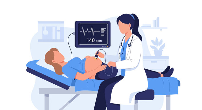 Doctor performing ultrasound on pregnant woman, monitoring fetal heartbeat on screen