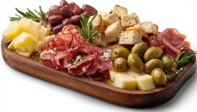 Gourmet Charcuterie Board with Cured Meats, Cheeses, Olives, and Bread.