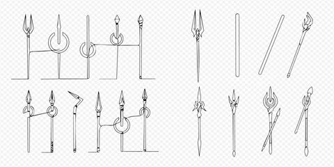 Set of outline magic staffs and wands, fantasy game items, vector illustration isolated on transparent background. © Lunara Arts