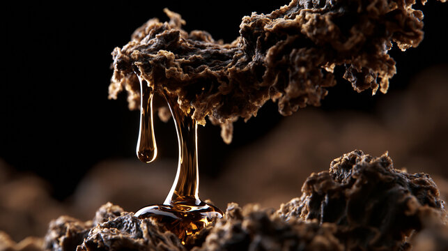 Close-up of dark sticky resin dripping from a rough substance dripping substance