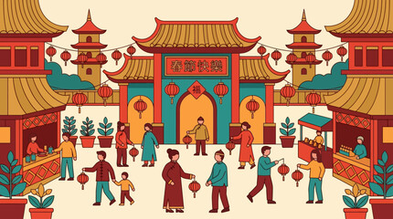 Fototapeta premium Traditional Chinese architecture with people walking.