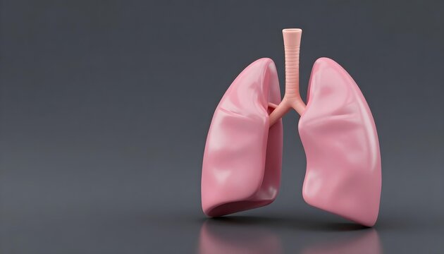 Stylized 3D render of pink human lungs with trachea on a dark background