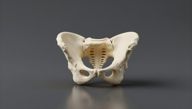 Detailed 3D render of a human pelvis bone against a neutral gray background