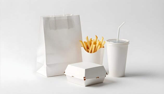 Fast food meal with burger box, fries, and drink in white packaging