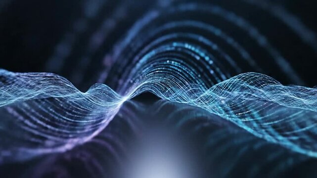 Vibrant blue and purple wave-like patterns emerge from a bright light source in a dark environment.