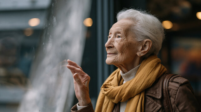 Retired aerospace machinist in her eighties touches the surface of a titanium turbopump blade displayed in a heritage aerospace museum exhibit case, her fingerprints smudging the glass as she explai
