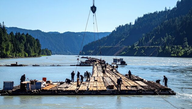 Professional engineers constructing a temporary floating pontoon bridge across a wide river, showcasing complex civil engineering work and heavy industrial equipment operations.