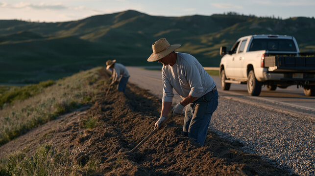 Landscape restoration crew plants native prairie grasses along a highway drainage corridor in Nebraska on World Environment Day, workers in sun hats using dibble bars, a pickup truck with a flatbed 