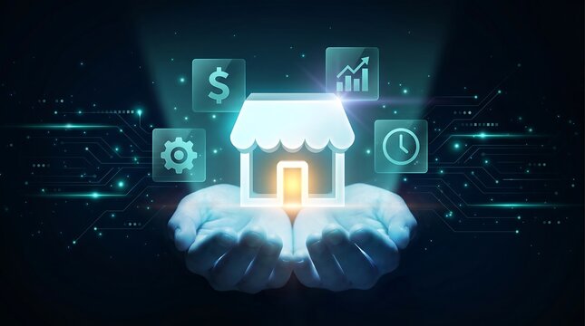 A glowing digital storefront icon with various business symbols floating above a pair of hands on a dark circuit board background with blue lights