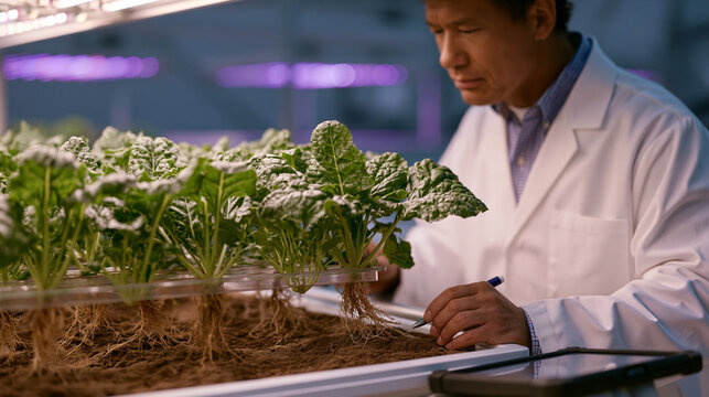 Hydroponic tray of Earth crops suspended in simulated Martian regolith under violet grow-lights inside a pressurized agricultural research dome, root systems visible through transparent trays as a s