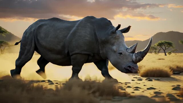 Powerful rhinoceros running through the African savanna at sunset