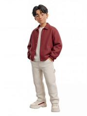 Fototapeta premium 3D character of a young Asian man in a red jacket, white t-shirt, and beige pants, hands in pockets, isolated on white background.