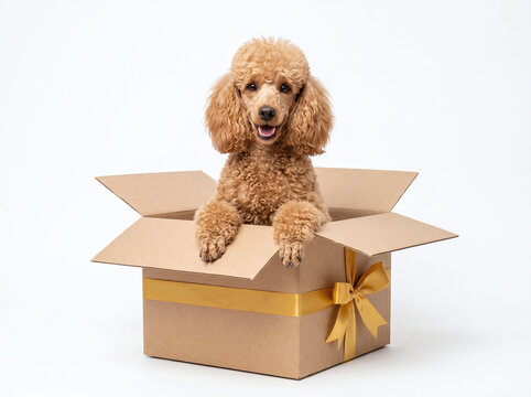 Adorable Apricot Poodle Puppy Sitting in a Gift Box with Gold Ribbon, Concept for Birthday Surprise and Pet Adoption Banner