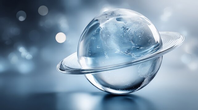 A crystal planet model with a glowing ring in soft focus.