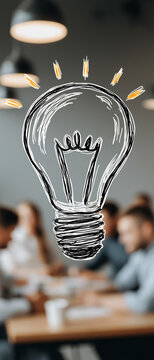 Idea Generation in Conference: A luminous light bulb graphic, superimposed over a blurred backdrop of collaborative meeting. Symbolizing the birth of an innovation.