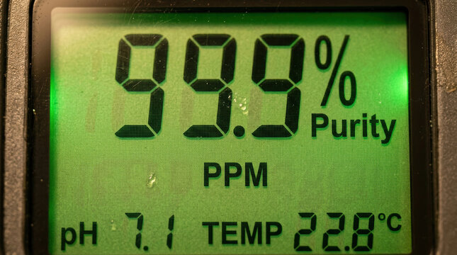 Digital display purity ppm pH temperature water quality tester measurement green display close up digital meter screen gauge sensor laboratory analysis liquid monitoring calibration accuracy