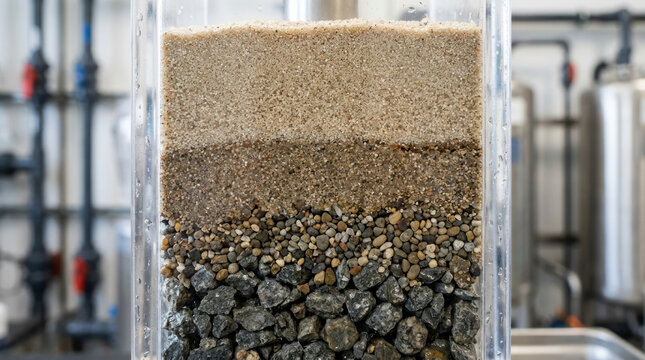 Sand filtration layers, water treatment, close up, filtration media, industrial system, gravel, pebbles