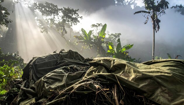 Tactical camouflage netting draped over hidden supply caches in a lush tropical jungle environment with dramatic sunlight beams piercing through the morning mist and dense foliage.