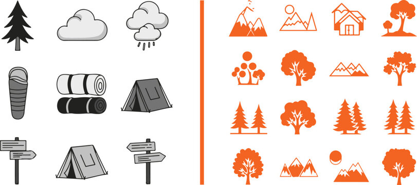 Camping and outdoor adventure vector icon set featuring tents trees and mountains. Ideal for travel maps and wilderness exploration graphics