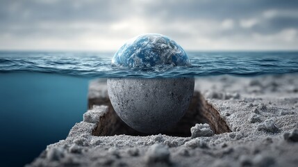 A surreal depiction of Earth partially submerged in water.