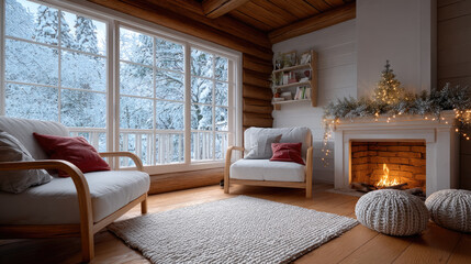 Obraz premium Cozy log cabin interior with large window snowy forest view fireplace wooden wall armchair soft lighting winter warm atmosphere