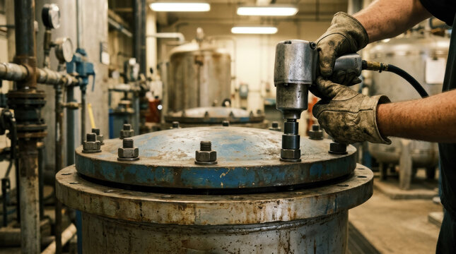 Industrial lid bolt tightening, heavy duty metal lid in factory workshop with worker hands using pneumatic wrench