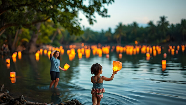 Family launching glowing paper lanterns onto calm river at twilight. Parents, children release illuminated sky lanterns, celebrating hope, wishes, dre