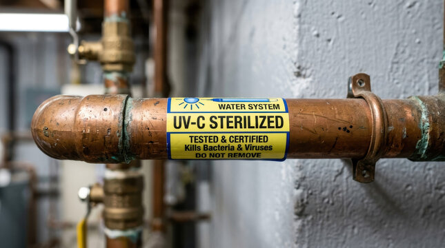 Water pipe with sterilized sticker in utility room, close up of copper pipe in water system showing uv c sterilized label and industrial plumbing detail