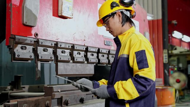 Industrial worker operating machinery in factory metal fabrication workshop environment focused viewpoint skilled labor