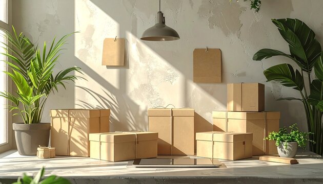 Sustainable Small Business Packaging Station with Recycled Boxes