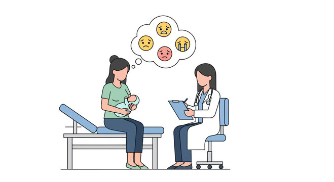 Mother with Baby Consults Doctor About Postpartum Depression Symptoms