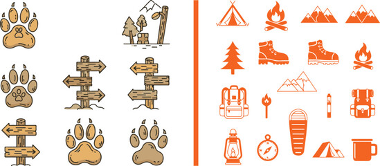 Vector icon set of camping and outdoor adventure elements including paw prints, wooden signs, and hiking gear. Ideal for nature exploration and wilderness travel themes © reza