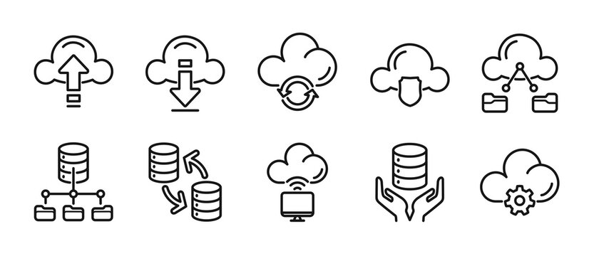 Cloud Management and Storage Line Icons Set &ndash; Minimalist Outline Style include Upload, Download, Sync, Backup, Shared Storage, Server Connection, Data Transfer, Remote Access, Settings