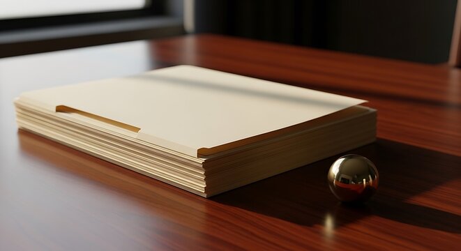 A stack of manila folders and a golden sphere resting on a polished wooden desk in an office setting.