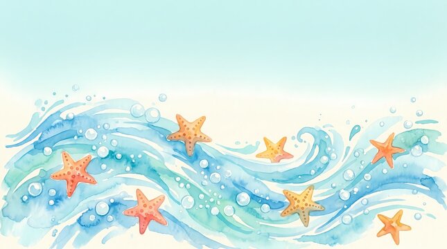 Soft watercolor illustration of blue sea waves with starfish and bubbles on a light background.
