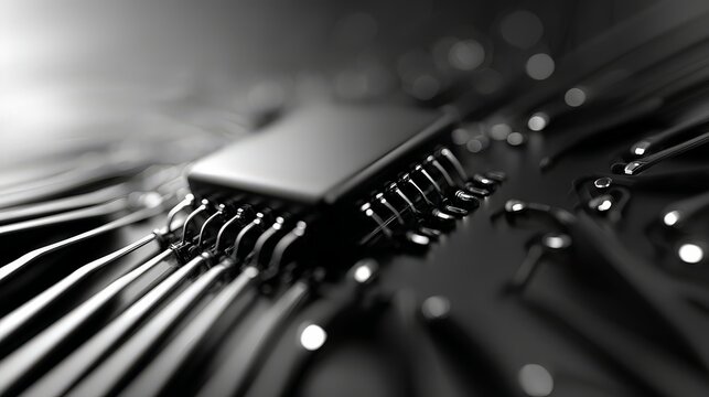Close-up of a microchip on a circuit board, showcasing technology. industrial energy efficiency green factory renewable energy sustainable industry clean technology carbon reduction
