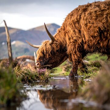 Highland Cow Drinking From A Mountain Stream In Scotland With Long Brown Fur And Horns Overcast Landscape Reflection In Water