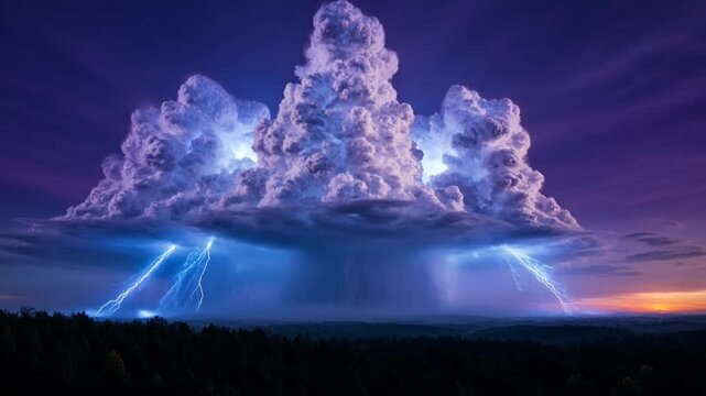 Dramatic lightning storm over dark landscape, massive cumulonimbus thunderhead clouds with electric bolts, powerful atmospheric weather phenomenon