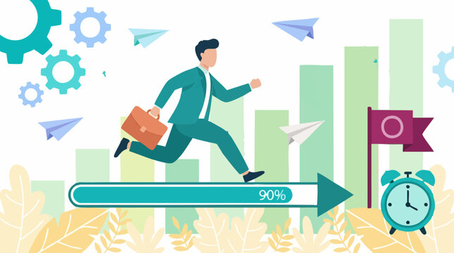 Business Success Concept: Man Running Towards Goal, Progress Bar